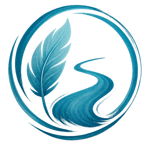 Silver feather path symbol on ocean blue background with shimmering fireworks, representing spirit-led design and soulful creation.